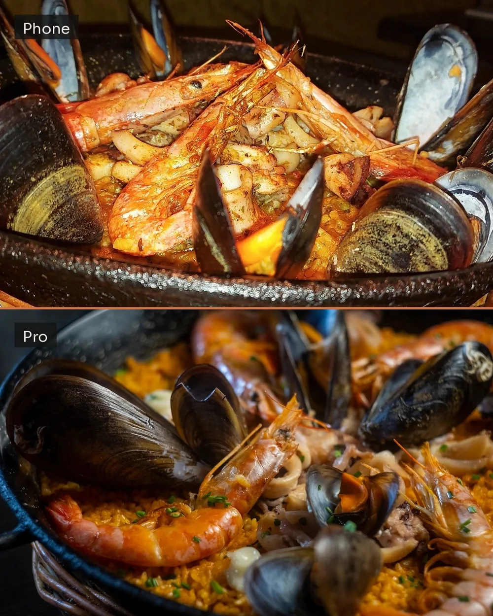 Comparatif d'une paella de fruits de mer : photo originale prise au téléphone en haut, version améliorée par IA en bas