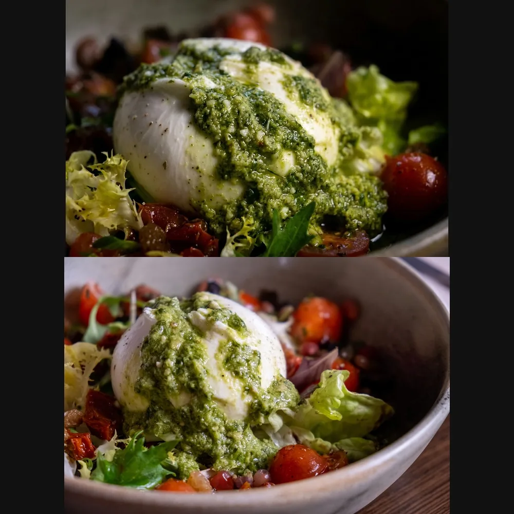 Deux photos presque identiques d'une salade de burrata : l'une est une photo réelle, l'autre améliorée par IA