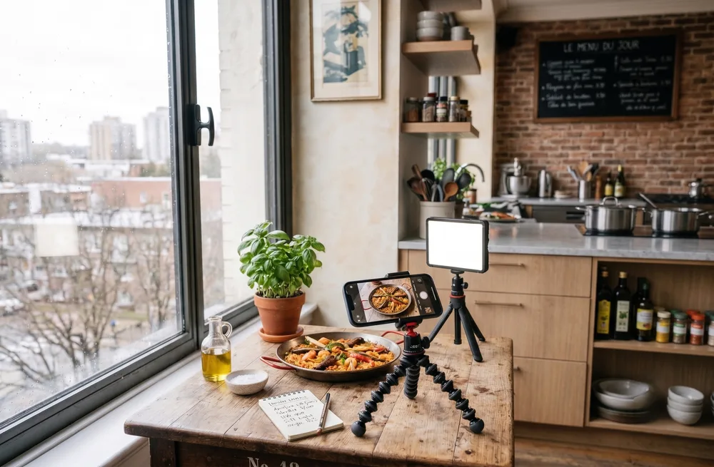 Phone on a flexible tripod with a small continuous LED light photographing a paella dish beside a window